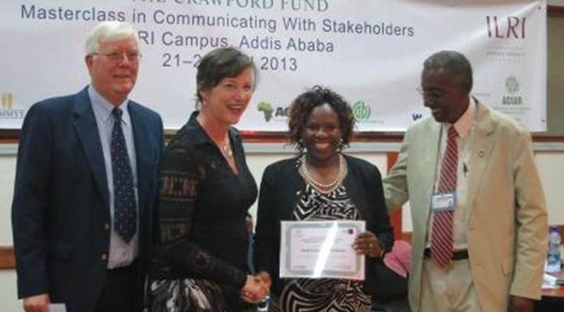 From left, Director Masterclasses and Training, The  Crawford fund Dr Eric Craswell, Australian Ambassador Lisa Filipetto, Prof Catherine Muthuri receiving her certificate for the Masterclass, and Azage Tegene, ILRI Deputy to DG Representative, Ethiopia and Australia Awards Alumni Ambassador. Photo credit Liz Ogutu, AIFSC