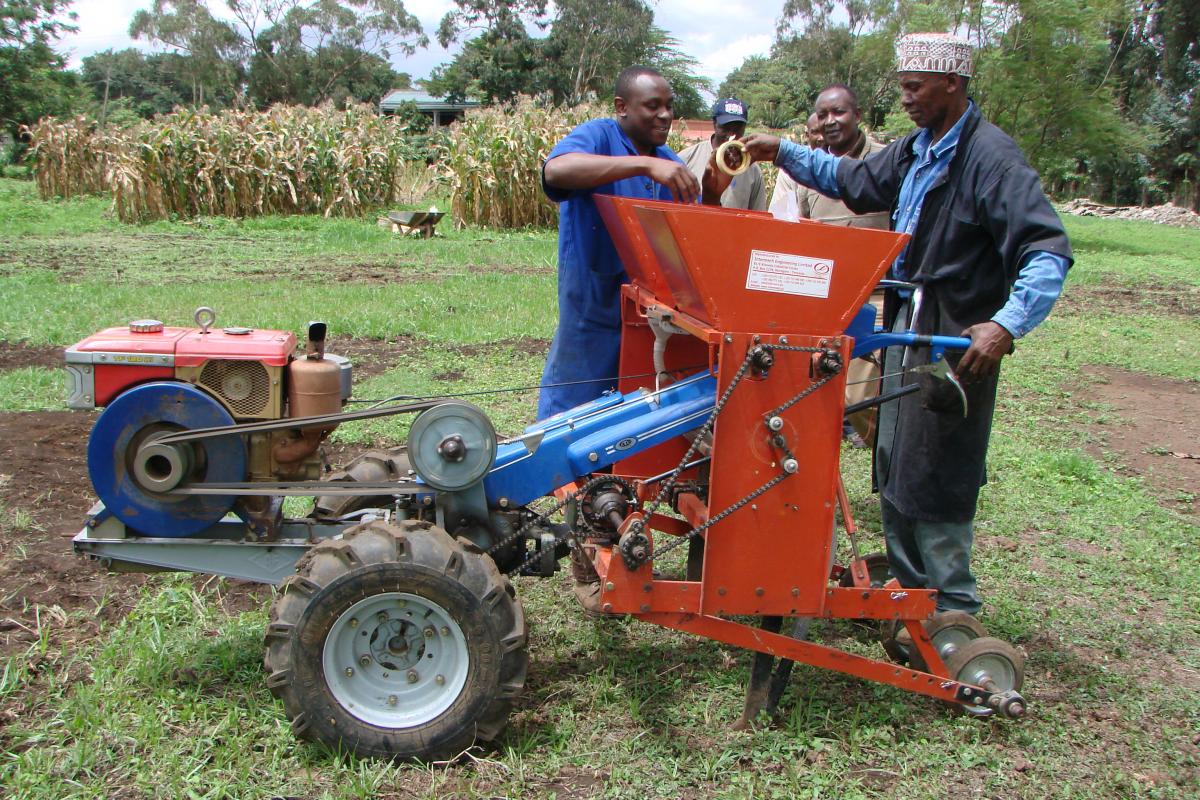A two-wheel tractor fitted with an Australian-designed conservation agriculture planter. Photo credit CIMMYT