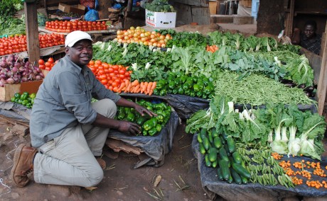 Man selling produce at local market, Malawi.