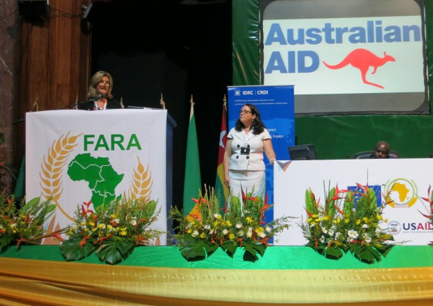 AIFSC Director Mellissa Wood speaking at the CultiAF launch, on stage with Dominique Charron, Director of Environment IDRC   